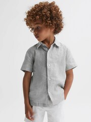 Reiss Light Sage Green Holiday Short Sleeve Linen Shirt - Image 4 of 6