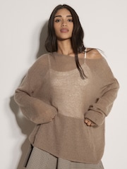 Beige - Apricot Leichter Oversized-Pullover in gebürsteter Optik - Bild 1 von 5