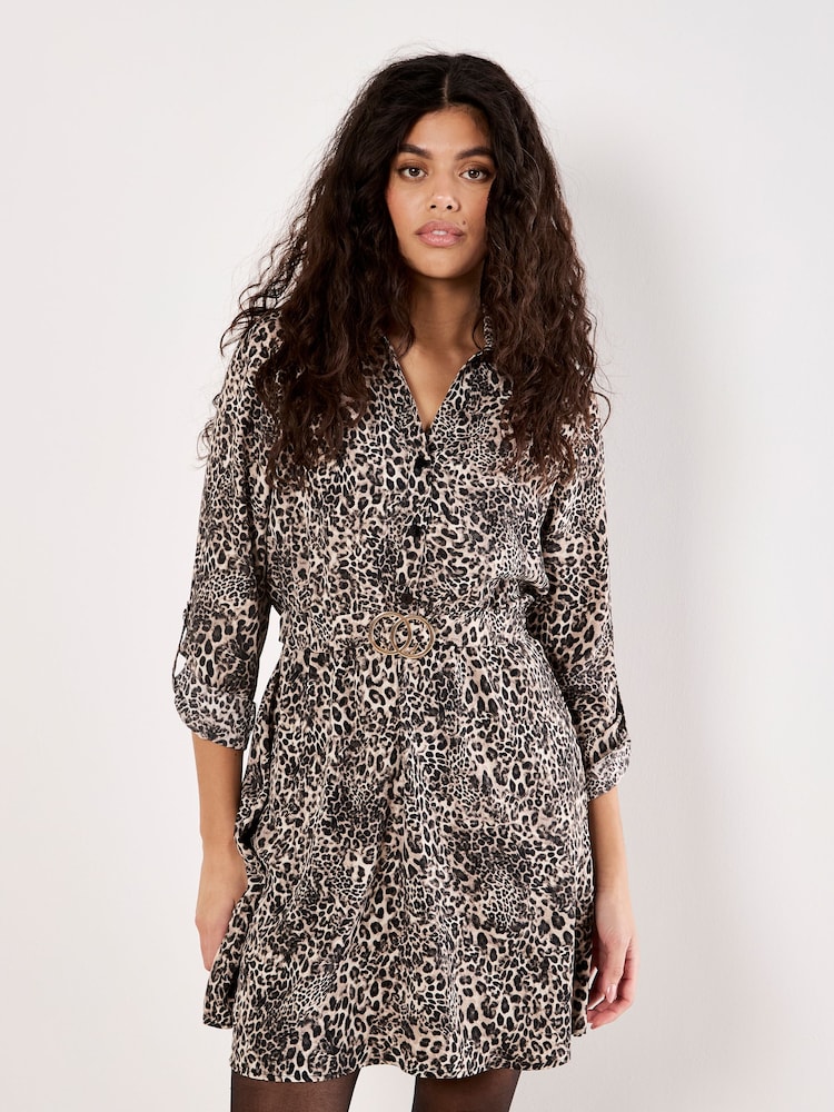 Apricot Natural Animal Print Crepe Shirt Mini Dress - Image 1 of 4 Apricot Natural Animal Print Crepe Shirt Mini Dress - Image 1 of 4