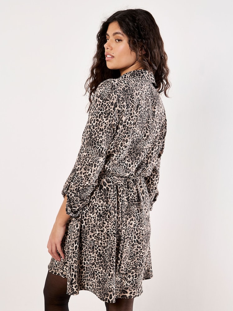 Apricot Natural Animal Print Crepe Shirt Mini Dress - Image 2 of 4 Apricot Natural Animal Print Crepe Shirt Mini Dress - Image 2 of 4