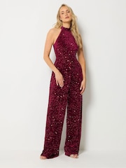 Long Tall Sally Red Sequin Velvet Wide Leg Jumpsuit - Image 1 of 4