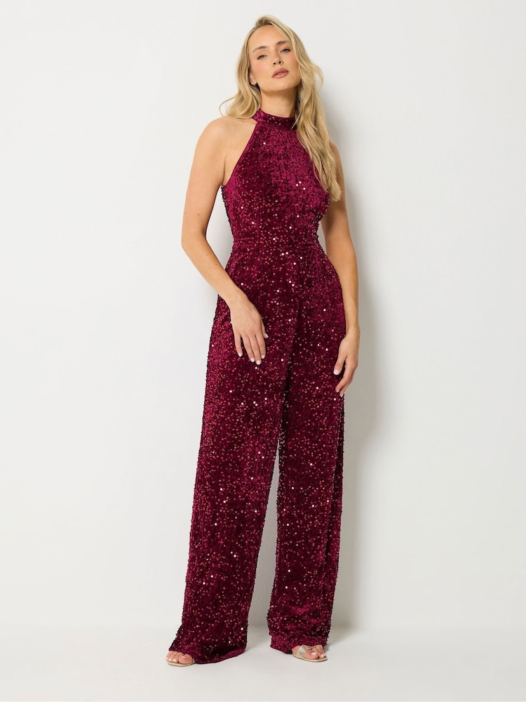 Long Tall Sally Red Sequin Velvet Wide Leg Jumpsuit - Image 1 of 4 Long Tall Sally Red Sequin Velvet Wide Leg Jumpsuit - Image 1 of 4