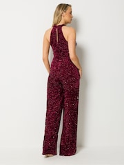 Long Tall Sally Red Sequin Velvet Wide Leg Jumpsuit - Image 3 of 4