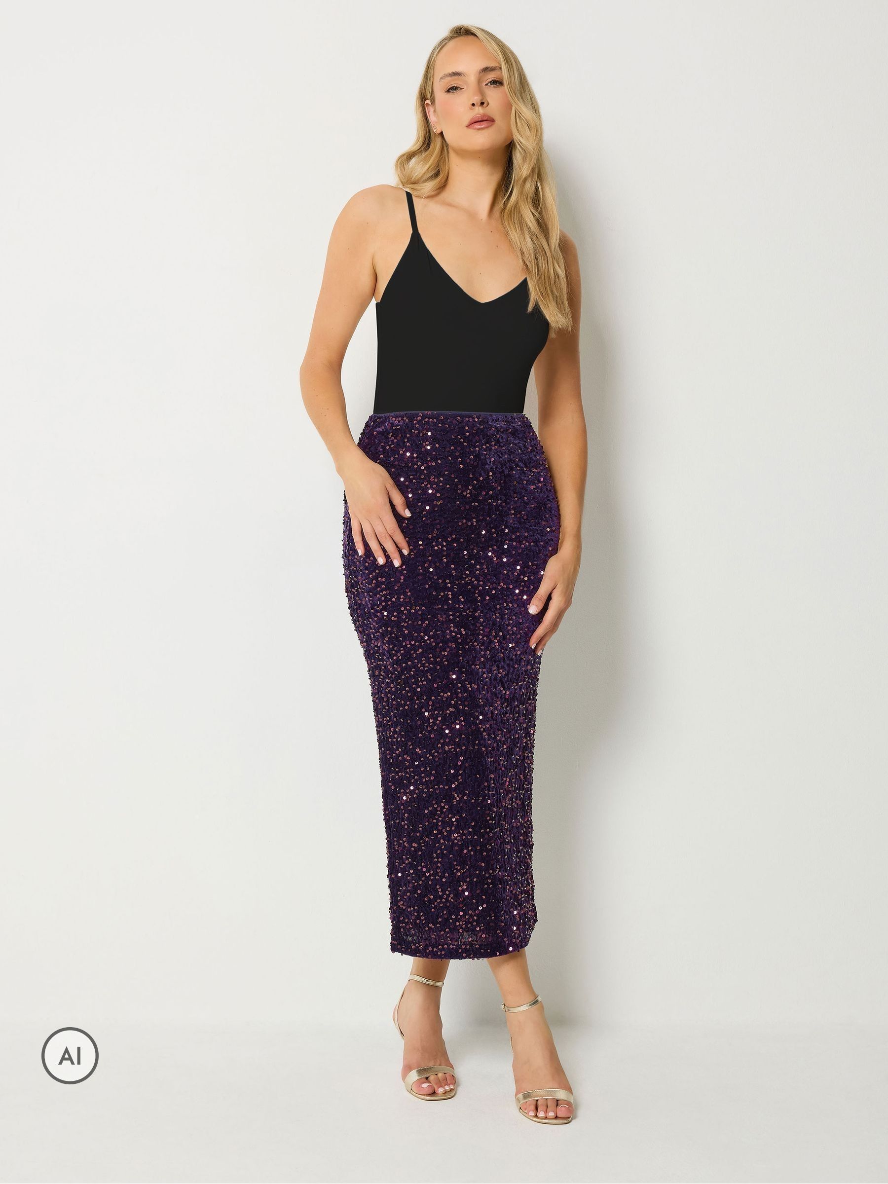 Long Tall Sally Women's Purple Tall Sequin Velvet Maxi Skirt In | Size: 20 - Image 2