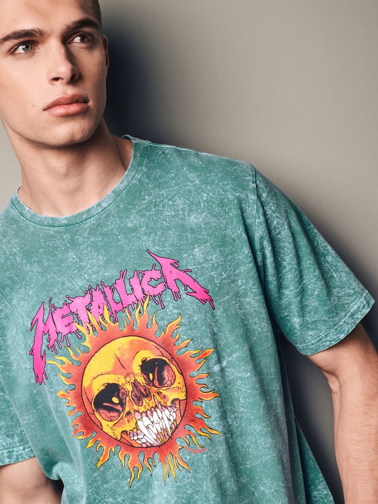 Green Wash Metallica Regular Fit Band Graphic 100% Cotton T-Shirt - Image 1 of 7