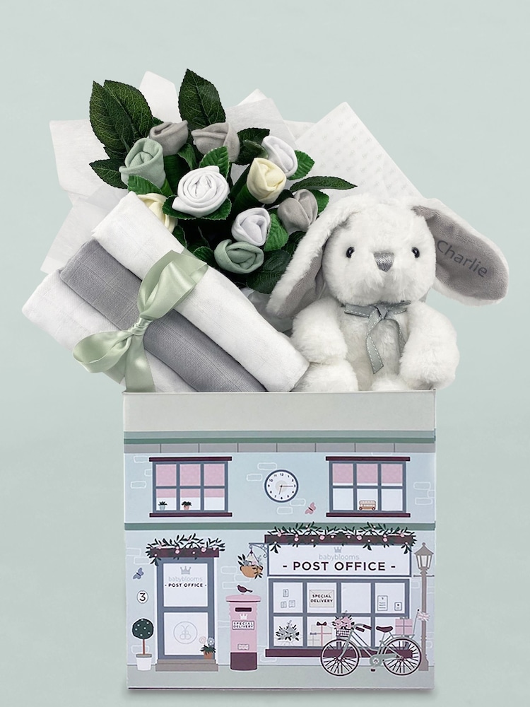 Babyblooms Grey 100% Cotton Gift Hamper with Personalised Bunny Soft Toy - Image 1 of 1
