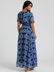 South Beach Blue Metallic Chiffon Button Detail Midi Dress - Image 2 of 5