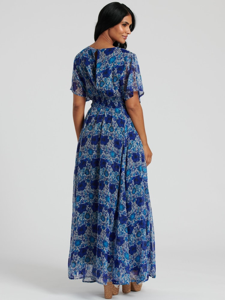 South Beach Blue Metallic Chiffon Button Detail Midi Dress - Image 2 of 5