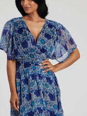South Beach Blue Metallic Chiffon Button Detail Midi Dress - Image 3 of 5