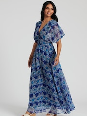 South Beach Blue Metallic Chiffon Button Detail Midi Dress - Image 4 of 5