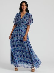 South Beach Blue Metallic Chiffon Button Detail Midi Dress - Image 5 of 5