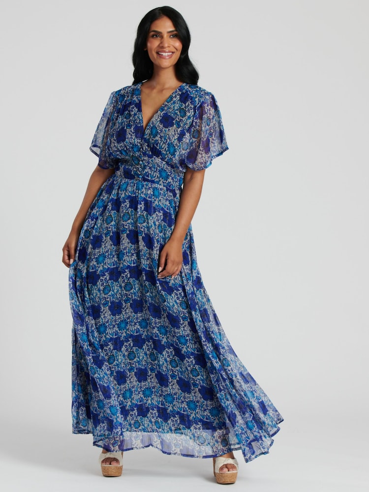South Beach Blue Metallic Chiffon Button Detail Midi Dress - Image 5 of 5