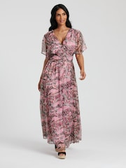 South Beach Pink Metallic Chiffon Button Detail Midi Dress - Image 1 of 4