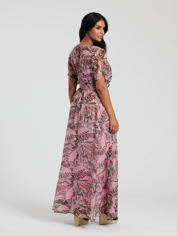 South Beach Pink Metallic Chiffon Button Detail Midi Dress - Image 2 of 4