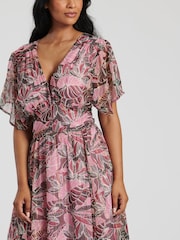 South Beach Pink Metallic Chiffon Button Detail Midi Dress - Image 3 of 4