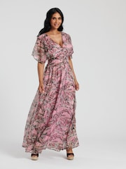 South Beach Pink Metallic Chiffon Button Detail Midi Dress - Image 4 of 4