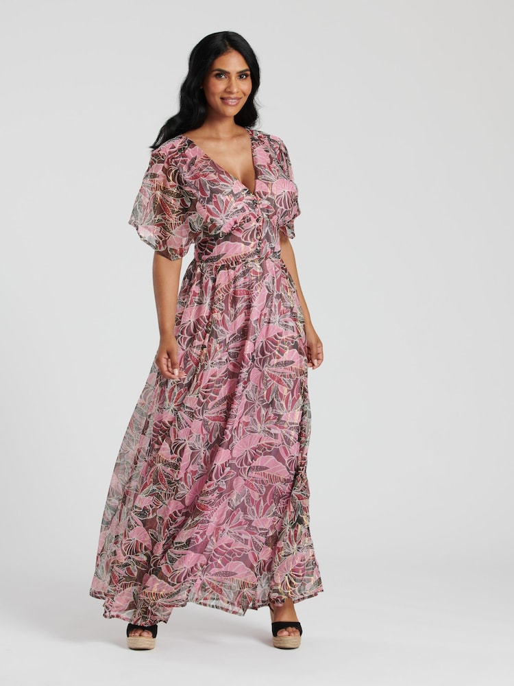 South Beach Pink Metallic Chiffon Button Detail Midi Dress - Image 4 of 4