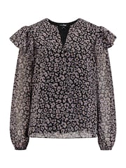 Pour Moi Black Leopard Print Sparkle Angelina Shirred Detail Long Sleeve Chiffon Blouse - Image 3 of 4