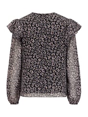 Pour Moi Black Leopard Print Sparkle Angelina Shirred Detail Long Sleeve Chiffon Blouse - Image 4 of 4