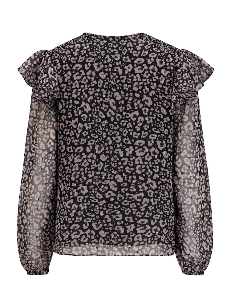 Pour Moi Black Leopard Print Sparkle Angelina Shirred Detail Long Sleeve Chiffon Blouse - Image 4 of 4