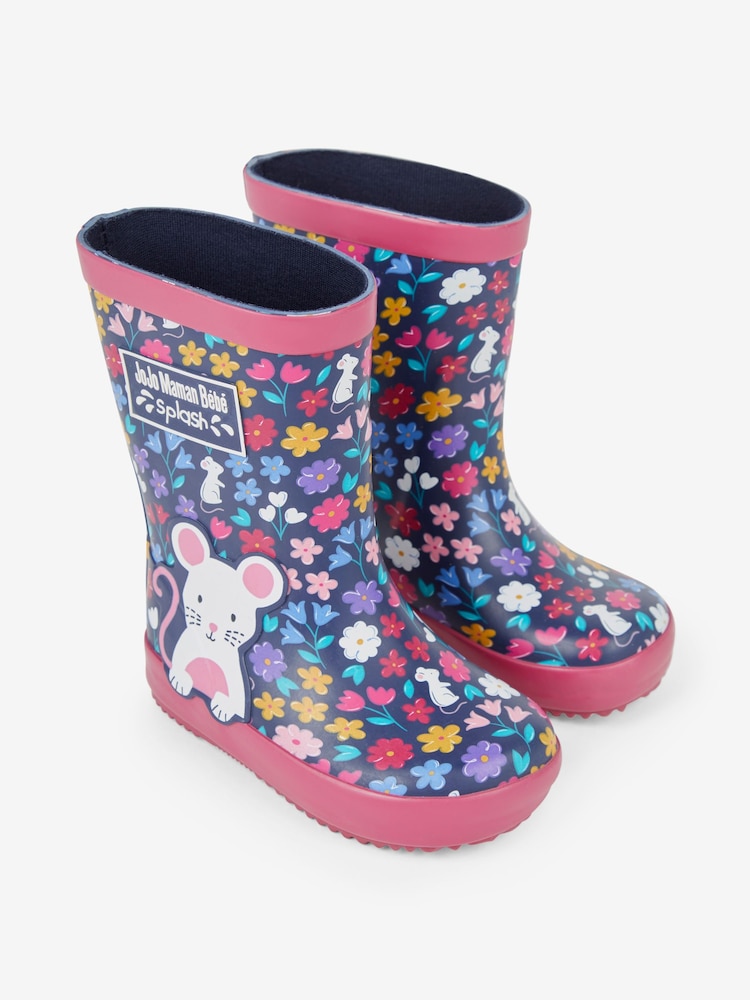JoJo Maman Bébé Navy Blue Woodland Mouse Wellies - Image 2 of 6