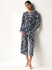 Navy Blue Swirl Print Long Sleeve Belted Jumpsuit - Image 1 of 8