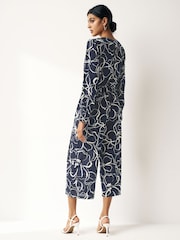 Navy Blue Swirl Print Long Sleeve Belted Jumpsuit - Image 3 of 8