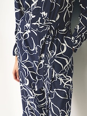 Navy Blue Swirl Print Long Sleeve Belted Jumpsuit - Image 5 of 8