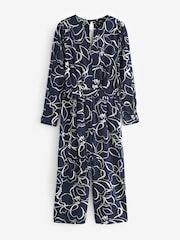 Navy Blue Swirl Print Long Sleeve Belted Jumpsuit - Image 6 of 8