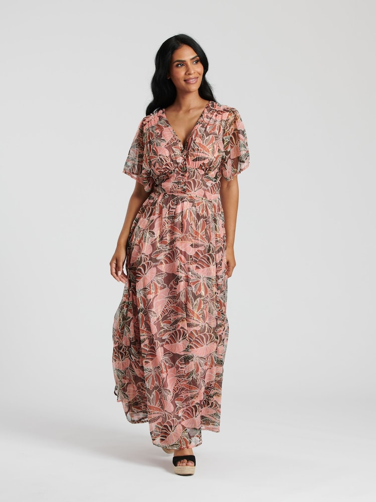 South Beach Natural Metallic Chiffon Button Detail Midi Dress - Image 1 of 6