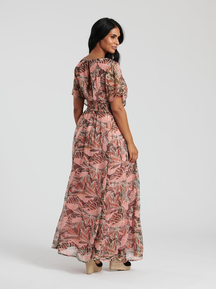 South Beach Natural Metallic Chiffon Button Detail Midi Dress - Image 2 of 6