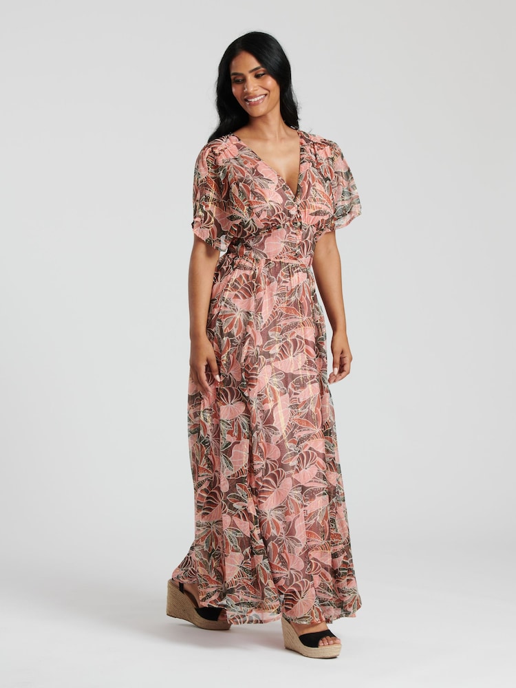 South Beach Natural Metallic Chiffon Button Detail Midi Dress - Image 6 of 6