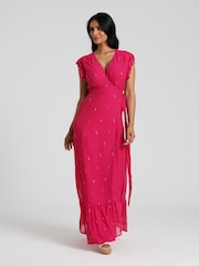 South Beach Pink Sequin Detail Wrap Midi Dress - Image 1 of 4