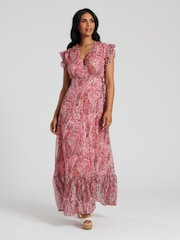 South Beach Pink Metallic Print Wrap Midi Dress - Image 1 of 4