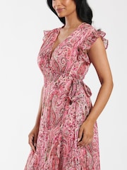 South Beach Pink Metallic Print Wrap Midi Dress - Image 3 of 4