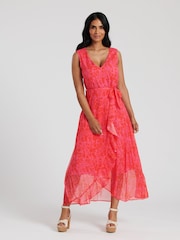 South Beach Red Chiffon V-Neck Frill Wrap Midi Dress - Image 1 of 5