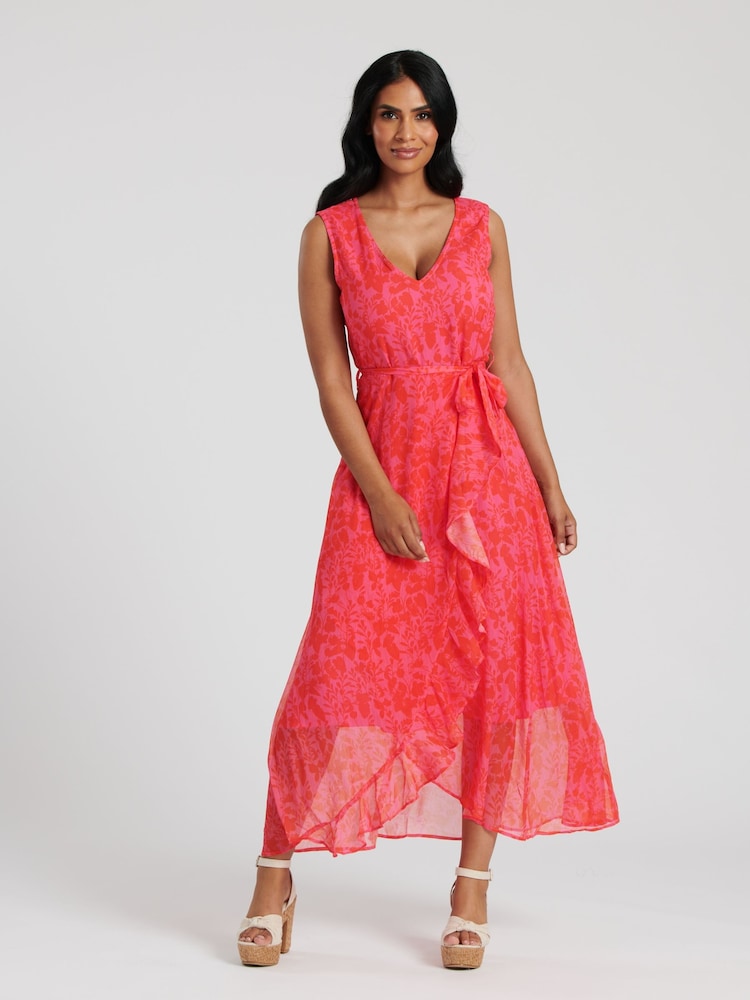 South Beach Red Chiffon V-Neck Frill Wrap Midi Dress - Image 1 of 5