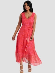 South Beach Red Chiffon V-Neck Frill Wrap Midi Dress - Image 3 of 5