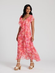 South Beach Pink Chiffon Print Frill Neck Wrap Midi Dress - Image 1 of 4