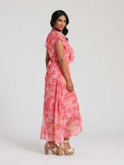 South Beach Pink Chiffon Print Frill Neck Wrap Midi Dress - Image 2 of 4