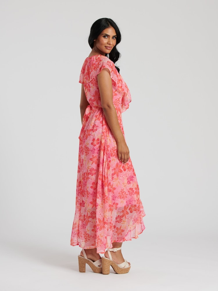 South Beach Pink Chiffon Print Frill Neck Wrap Midi Dress - Image 2 of 4