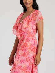 South Beach Pink Chiffon Print Frill Neck Wrap Midi Dress - Image 4 of 4