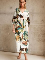 White Textured Tie-Waist Printed Midi Dress - Image 1 of 1