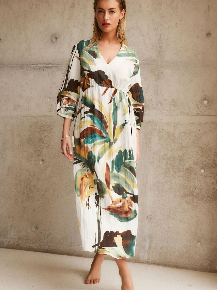White Textured Tie-Waist Printed Midi Dress - Image 1 of 1
