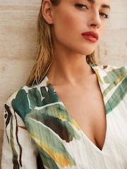 White Textured Tie-Waist Printed Midi Dress - Image 4 of 6
