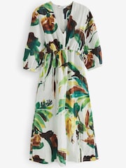 White Textured Tie-Waist Printed Midi Dress - Image 5 of 6