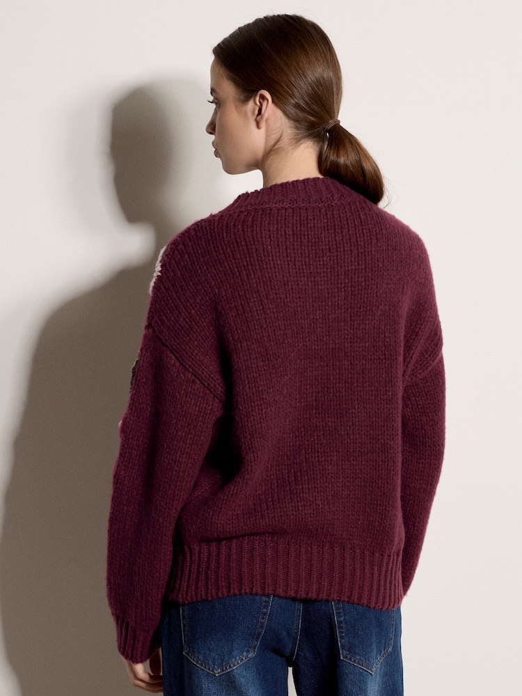 Apricot Red Embroidered Floral Sleeve Chunky Knit Jumper - Image 2 of 4 Apricot Red Embroidered Floral Sleeve Chunky Knit Jumper - Image 2 of 4