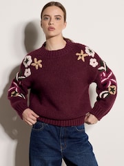 Apricot Red Embroidered Floral Sleeve Chunky Knit Jumper - Image 3 of 4