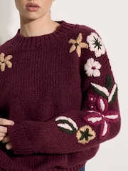 Apricot Red Embroidered Floral Sleeve Chunky Knit Jumper - Image 4 of 4