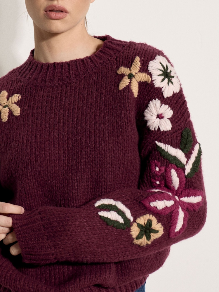 Apricot Red Embroidered Floral Sleeve Chunky Knit Jumper - Image 4 of 4 Apricot Red Embroidered Floral Sleeve Chunky Knit Jumper - Image 4 of 4